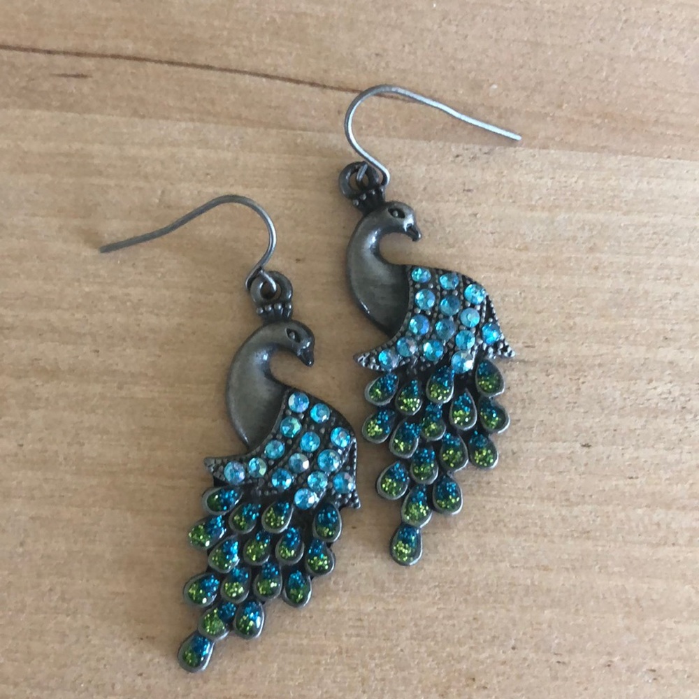 Blue/green rhinestone peacock earrings
